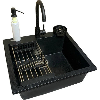 Набір кухонний Adamant Univer, штучний камінь, квадрат, без крила, 560х500х200мм, чаша - 1, врізна, чорний + змішувач + дозатор + ополіскувач склянок + коландер Набір кухонний Adamant Univer, штучний камінь, квадрат, без крила, 560х500х200мм, чаша - 1, врізна, чорний + змішувач + дозатор + ополіскувач склянок + коландер