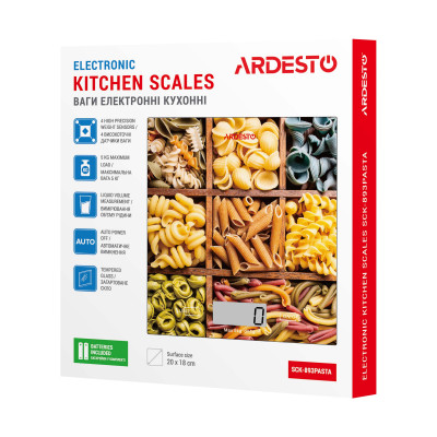 Ваги ARDESTO кухонні Pasta, 5кг, AAAx2 в комплекті, скло, багатокольоровий Ваги ARDESTO кухонні Pasta, 5кг, AAAx2 в комплекті, скло, багатокольоровий