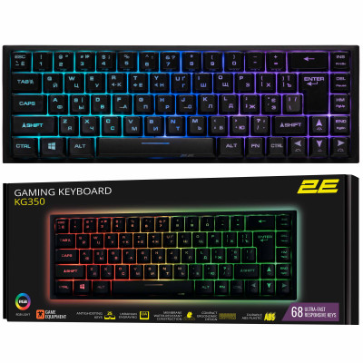 Клавиатура мембранная 2E GAMING KG350 68key, USB-A, EN/UA/RU, RGB, черный