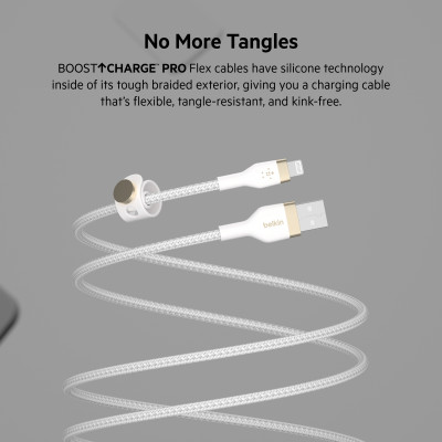Belkin Кабель USB-A - Lightning плетений, силіконовий, з ремінцем на магніті, 1м, білий Belkin Кабель USB-A - Lightning плетений, силіконовий, з ремінцем на магніті, 1м, білий