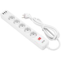 Удлинитель-фильтр сетевой 2E 5xТип F, 3x1.5мм кв, 16A, 3xUSB-A, с защитой от перенапряжения, 2м, белый 2E-SP515M2USBWH