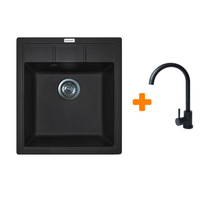 Набір кухонна Adamant Brick, штучний камінь, квадрат, без крила, 460x515x200мм, чаша - 1, врізна, чорний + змішувач Набір кухонна Adamant Brick, штучний камінь, квадрат, без крила, 460x515x200мм, чаша - 1, врізна, чорний + змішувач