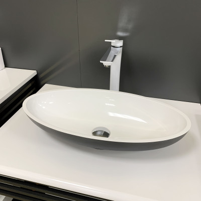 Раковина, умивальник Adamant ANDERE NEW, штучний камінь, овальна, без отвору для змішувача та переливу, 590х295х130мм, накладний, чорно-білий Раковина, умивальник Adamant ANDERE NEW, штучний камінь, овальна, без отвору для змішувача та переливу, 590х295х130мм, накладний, чорно-білий