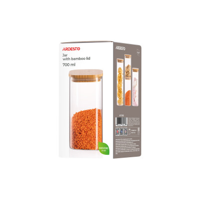 Банка для зберігання ARDESTO Midori 700мл, скло, бамбук, квадратна, прозорий