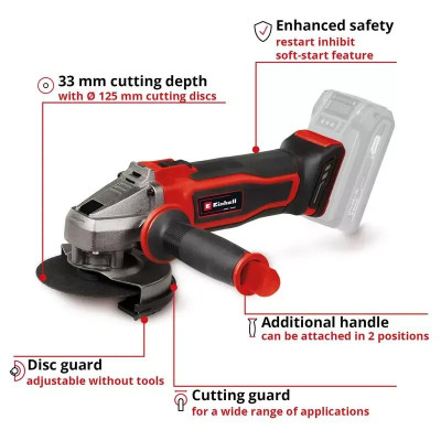 Шліфмашина кутова акумуляторна Einhell TE-AG 18/125-2 Li - Solo 18В 125мм 8500об/хв 1.69кг без АКБ та ЗП Шліфмашина кутова акумуляторна Einhell TE-AG 18/125-2 Li - Solo 18В 125мм 8500об/хв 1.69кг без АКБ та ЗП