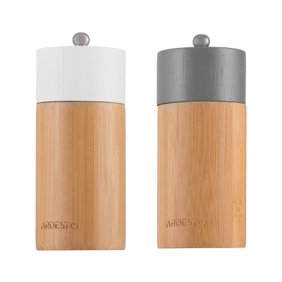 Набір млинків для солі та перцю ARDESTO Midori, 2 предмети, 35мл, бамбук, нержавіюча сталь, пластик, сірий, білий Набір млинків для солі та перцю ARDESTO Midori, 2 предмети, 35мл, бамбук, нержавіюча сталь, пластик, сірий, білий