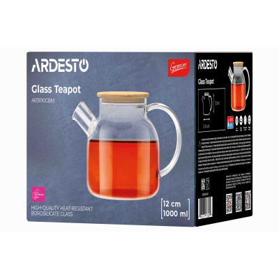 ARDESTO Заварник Gemini 1000мл, боросилікатне скло, бамбук, прозорий ARDESTO Заварник Gemini 1000мл, боросилікатне скло, бамбук, прозорий