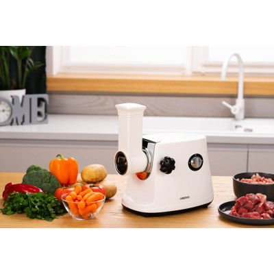 ARDESTO М'ясорубка, 1600Вт, продук.-1.6кг/хв, 3 решітки + для ковб., кеббе, 3 терки, пластик, біло-сріблястий ARDESTO М'ясорубка, 1600Вт, продук.-1.6кг/хв, 3 решітки + для ковб., кеббе, 3 терки, пластик, біло-сріблястий