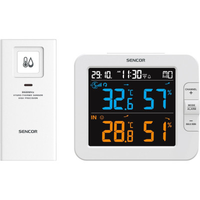 Метеостанція Sencor, внутр/зовн вимірювання, температура, вологість, час, дні тижня, календар, підтримує платформи Android та iOS, Білий Метеостанція Sencor, внутр/зовн вимірювання, температура, вологість, час, дні тижня, календар, підтримує платформи Android та iOS, Білий