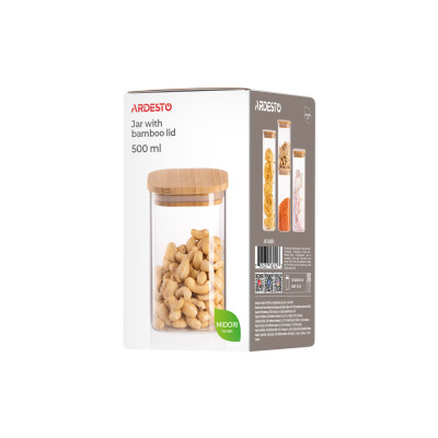 Банка для зберігання Ardesto Midori 500мл, скло, бамбук, квадратна, прозорий Банка для зберігання Ardesto Midori 500мл, скло, бамбук, квадратна, прозорий