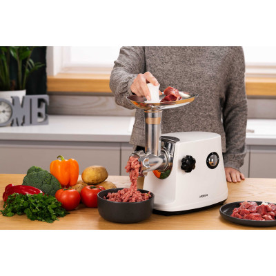 ARDESTO М'ясорубка, 1600Вт, продук.-1.6кг/хв, 3 решітки + для ковб., кеббе, 3 терки, пластик, біло-сріблястий ARDESTO М'ясорубка, 1600Вт, продук.-1.6кг/хв, 3 решітки + для ковб., кеббе, 3 терки, пластик, біло-сріблястий