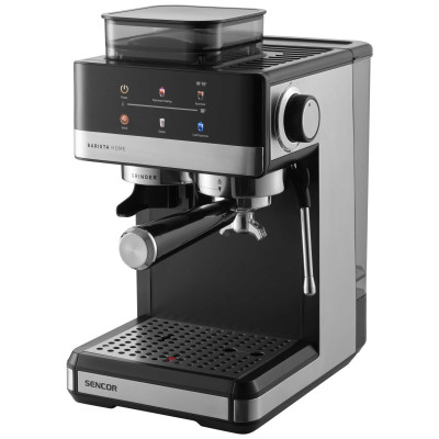 Кавоварка Sencor ріжкова 1.8л, зерно+мелена, вбудована кавомолка, дисплей, нерж. сталь-чорний