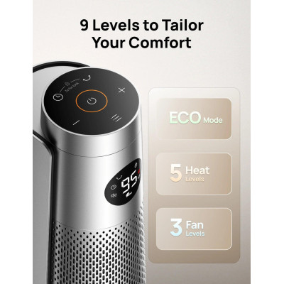 Тепловентилятор Dreo, 25м2, 2000Вт, электронное управление, керамический нагревательный элемент, пульт ДУ, 8 скорости , серебристый Тепловентилятор Dreo, 25м2, 2000Вт, электронное управление, керамический нагревательный элемент, пульт ДУ, 8 скорости , серебристый