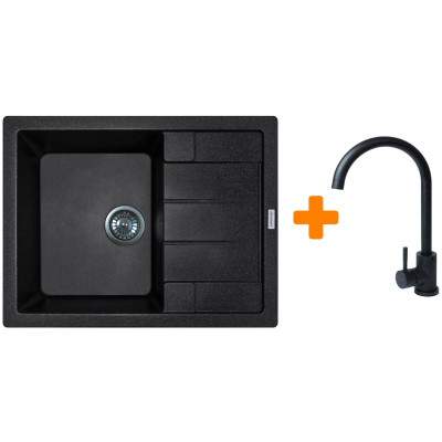 Набір кухонний Adamant Anila, штучний камінь, прямокут., з крилом, 645х495х200мм, чаша - 1, врізна, чорний + змішувач Набір кухонний Adamant Anila, штучний камінь, прямокут., з крилом, 645х495х200мм, чаша - 1, врізна, чорний + змішувач