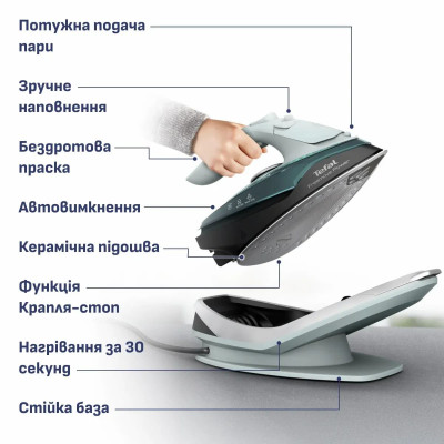 Праска Tefal безпровідна Freemove Power, 2600Вт, 250мл, паровий удар -220гр, постійна пара - 40гр, база для заряджання, автовимкнення, керам. підошва, зелений