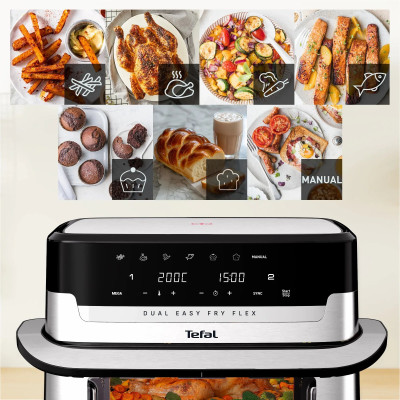 Мультипіч Tefal Dual Easy Fry Flex, 2700Вт, чаша-5.5+3.5л, сенсорне керув., з віконцем, 2 чаши, гриль, пластик, чорний-нерж. сталь