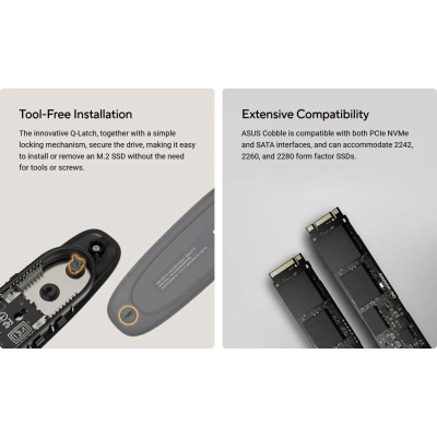Портативний корпус ASUS для SSD COBBLE/GRAY/G/AS/ESD-A1A /GRAY/G/ PCIe NVMe M.2 2230/2242/2260/2280 USB Type-C 3.2 Gen 2x1 сірий