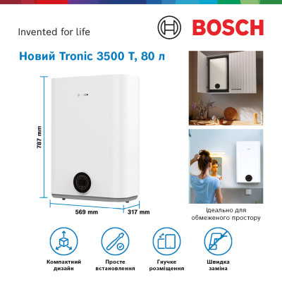 Bosch Водонагрівач електр. плаский слім Tronic 3500, 80л, 1.5кВт, ун. монтаж, електр. кер-ння, B, білий