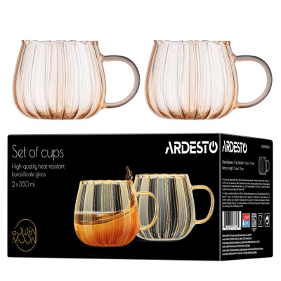 ARDESTO Набір чашок з ручками Golden Moon 350мл, 2шт, боросилікатне скло, прозорий ARDESTO Набір чашок з ручками Golden Moon 350мл, 2шт, боросилікатне скло, прозорий