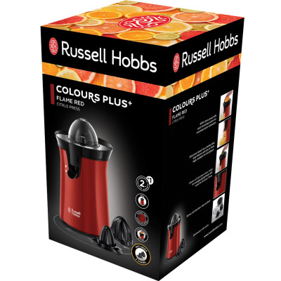 Соковитискач Russell Hobbs Colours Plus цитрус-прес 600Вт, 2 насадки в комплекті, пластик, червоний