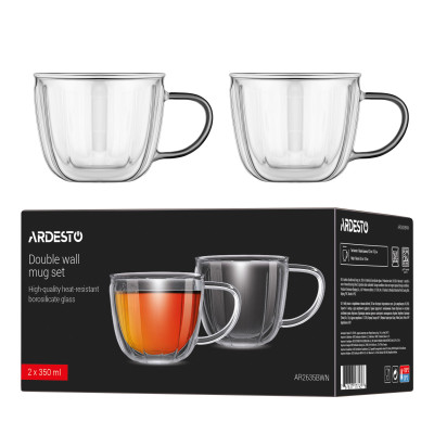 ARDESTO Набір чашок з ручками і подвійними стінками 350мл, 2шт, боросилікатне скло, прозорий ARDESTO Набір чашок з ручками і подвійними стінками 350мл, 2шт, боросилікатне скло, прозорий