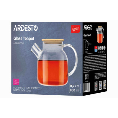 ARDESTO Заварник Gemini 800мл, боросилікатне скло, бамбук, прозорий ARDESTO Заварник Gemini 800мл, боросилікатне скло, бамбук, прозорий
