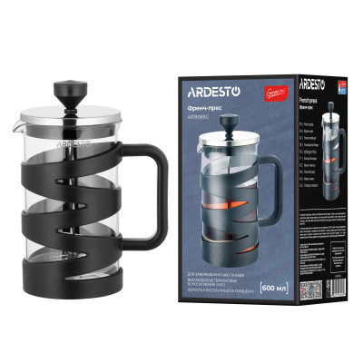 Френч-прес ARDESTO Gemini, 600мл, боросилікатне скло, пластик, нержавіюча сталь, прозорий, чорний Френч-прес ARDESTO Gemini, 600мл, боросилікатне скло, пластик, нержавіюча сталь, прозорий, чорний
