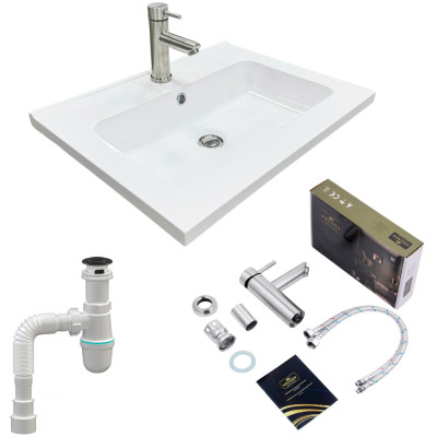 Набір для ванної кімнати, раковина, умивальник Adamant FLATE 60, штучний камінь, прямокут., з сифоном Click-Clack + змішувач Набір для ванної кімнати, раковина, умивальник Adamant FLATE 60, штучний камінь, прямокут., з сифоном Click-Clack + змішувач