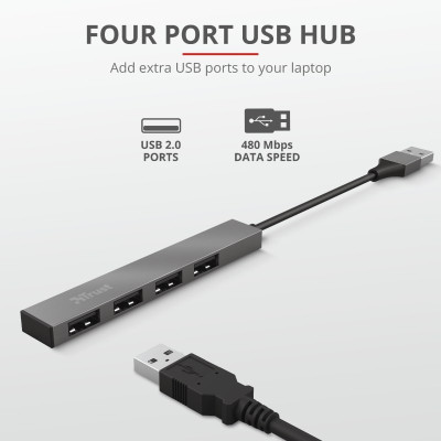 Хаб Trust Halyx USB-A > 4xUSB-А, Алюминий, 0.1м, Серый