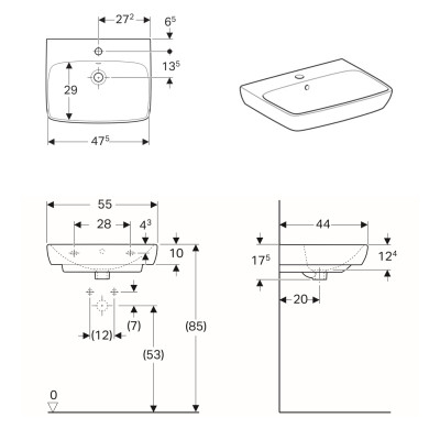 GEBERIT SELNOVA Square умывальник 55*44см, с отверстием под смеситель в центре, перелив видимый GEBERIT SELNOVA Square умывальник 55*44см, с отверстием под смеситель в центре, перелив видимый