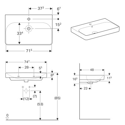 SMYLE Square умывальник 75*48см, с отверстием под смеситель в центре, перелив видимый SMYLE Square умывальник 75*48см, с отверстием под смеситель в центре, перелив видимый