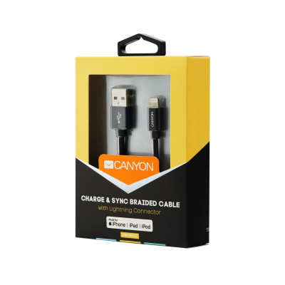 Кабель Canyon USB - Lightning (M/M) 0.96 м, Black (CNS-MFIC3B) в обплетеннi Кабель Canyon USB - Lightning (M/M) 0.96 м, Black (CNS-MFIC3B) в обплетеннi