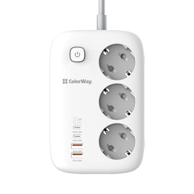 Фільтр живлення ColorWay CW-CHE34PDW GaN3 Pro PD 65W (2USB-A + 2 TYPE-C) 3 розетки, 4 USB, 2 м, білий Фільтр живлення ColorWay CW-CHE34PDW GaN3 Pro PD 65W (2USB-A + 2 TYPE-C) 3 розетки, 4 USB, 2 м, білий