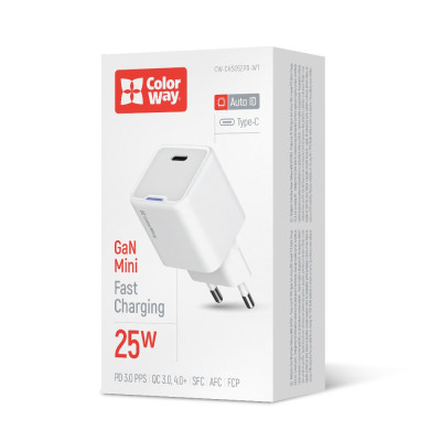 Мережевий зарядний пристрій ColorWay GaN Mini 25W PD Port PPS USB-C White (CW-CHS052PD-WT) Мережевий зарядний пристрій ColorWay GaN Mini 25W PD Port PPS USB-C White (CW-CHS052PD-WT)