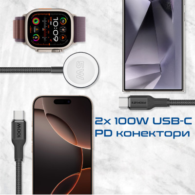 Кабель Promate USB Type-C - 2хUSB Type-C 100W Apple Watch Charger 5W (M/M), 5A, 1.4 м, Black (fusion-ccw.black) Кабель Promate USB Type-C - 2хUSB Type-C 100W Apple Watch Charger 5W (M/M), 5A, 1.4 м, Black (fusion-ccw.black)