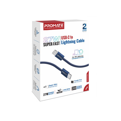 Кабель Promate EcoLine-Ci120 USB Type-C - Lightning (M/M), 3 A, 27 W, 1.2 м, Navy Кабель Promate EcoLine-Ci120 USB Type-C - Lightning (M/M), 3 A, 27 W, 1.2 м, Navy