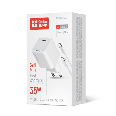 Мережевий зарядний пристрій ColorWay GaN Mini 35W PD Port PPS USB-C White (CW-CHS056PDC-WT) + кабель USB Type-C Мережевий зарядний пристрій ColorWay GaN Mini 35W PD Port PPS USB-C White (CW-CHS056PDC-WT) + кабель USB Type-C