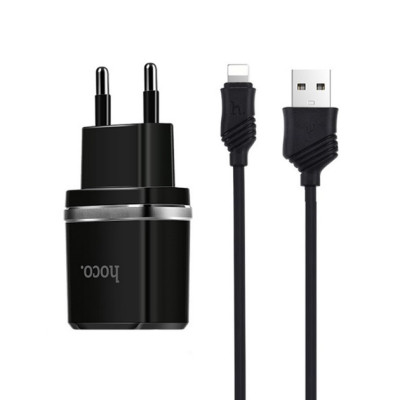 Мережевий зарядний пристрій Hoco C12 Smart 2.4A 2USB Black (S23146) + кабель Lightning Мережевий зарядний пристрій Hoco C12 Smart 2.4A 2USB Black (S23146) + кабель Lightning