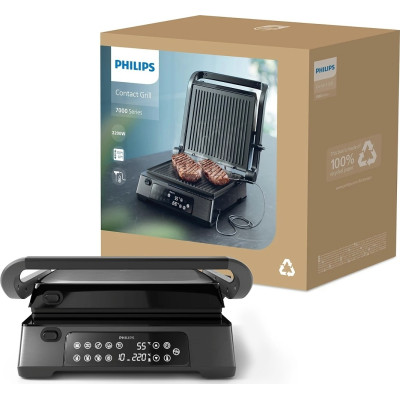 Гриль Philips прижимной Series 7000, 2200Вт, съемные пластины, термощуп, раскрытие на 180°, металл, черный (HD6307/70)