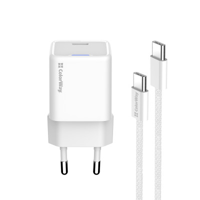 Мережевий зарядний пристрій ColorWay GaN Mini 25W PD Port PPS USB-C White (CW-CHS052PDC-WT) + кабель USB Type-C Мережевий зарядний пристрій ColorWay GaN Mini 25W PD Port PPS USB-C White (CW-CHS052PDC-WT) + кабель USB Type-C
