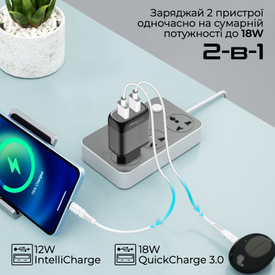 Зарядний пристрій Promate BiPlug-QC3 Black Зарядний пристрій Promate BiPlug-QC3 Black