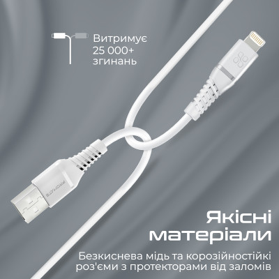 Кабель Promate PowerLine-Ai120 USB - Lightning (M/M), 2.4 A, 1.2 м, White Кабель Promate PowerLine-Ai120 USB - Lightning (M/M), 2.4 A, 1.2 м, White