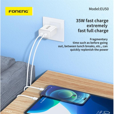 Мережевий зарядний пристрій Foneng EU50 PD35W Fast Charger (2USBх3A) White (EU50-CH) Мережевий зарядний пристрій Foneng EU50 PD35W Fast Charger (2USBх3A) White (EU50-CH)