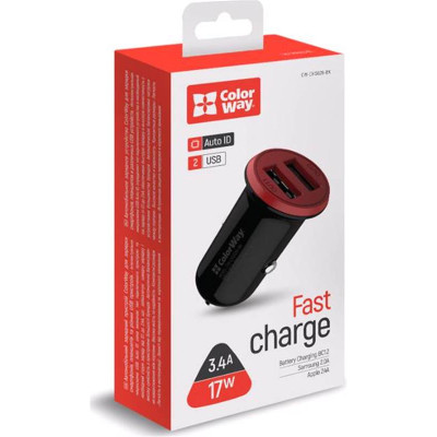 Автомобільний зарядний пристрій ColorWay (2USB,3.4A, 17W) Red/Black (CW-CHA026-BK) Автомобільний зарядний пристрій ColorWay (2USB,3.4A, 17W) Red/Black (CW-CHA026-BK)