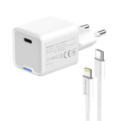 Мережевий зарядний пристрій ColorWay GaN Mini 20W PD Port PPS USB-C White (CW-CHS059PD-WT) + кабель Lightning Мережевий зарядний пристрій ColorWay GaN Mini 20W PD Port PPS USB-C White (CW-CHS059PD-WT) + кабель Lightning