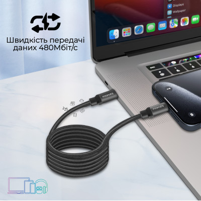 Кабель Promate Springy USB Type-C - USB Type-C (M/M), 3 A, 60 W, 1.2 м, Black Кабель Promate Springy USB Type-C - USB Type-C (M/M), 3 A, 60 W, 1.2 м, Black
