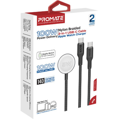 Кабель Promate USB Type-C - 2хUSB Type-C 100W Apple Watch Charger 5W (M/M), 5A, 1.4 м, Black (fusion-ccw.black) Кабель Promate USB Type-C - 2хUSB Type-C 100W Apple Watch Charger 5W (M/M), 5A, 1.4 м, Black (fusion-ccw.black)