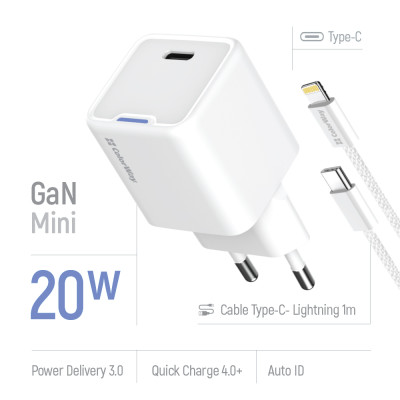 Мережевий зарядний пристрій ColorWay GaN Mini 20W PD Port PPS USB-C White (CW-CHS059PD-WT) + кабель Lightning Мережевий зарядний пристрій ColorWay GaN Mini 20W PD Port PPS USB-C White (CW-CHS059PD-WT) + кабель Lightning