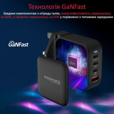 Зарядний пристрій Promate GaNPort4-100PD 100W Black Зарядний пристрій Promate GaNPort4-100PD 100W Black