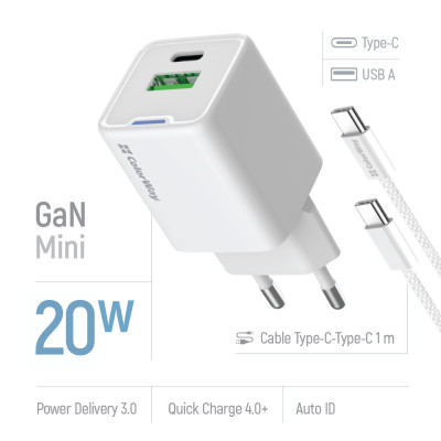 Мережевий зарядний пристрій ColorWay GaN Mini 20W PD Port PPS USB (Type-C PD + USB QC4.0) White (CW-CHS062PDC-WT) + кабель Type-C Мережевий зарядний пристрій ColorWay GaN Mini 20W PD Port PPS USB (Type-C PD + USB QC4.0) White (CW-CHS062PDC-WT) + кабель Type-C